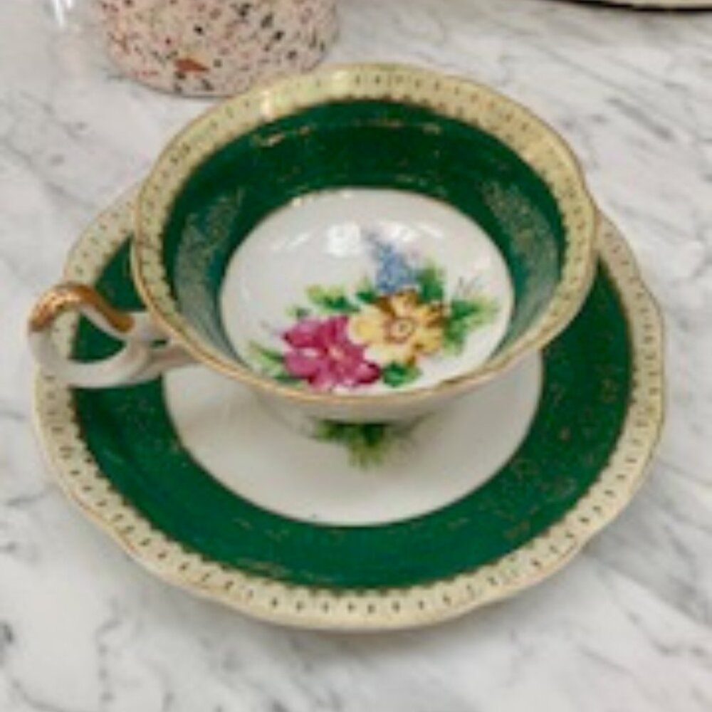 Royal China Made in Japan Cup and Saucer | Green and Roses